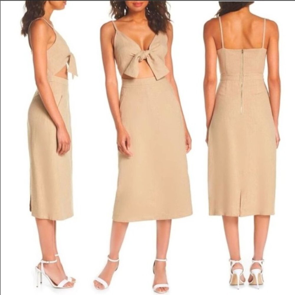 CAARA Tan Tie Front Linen Blend Midi Dress Size Small